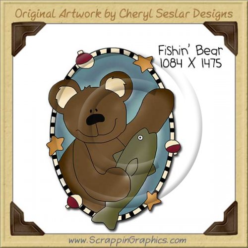 Fishin' Bear Oval Single Clip Art Graphic Download