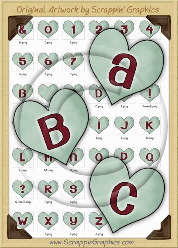 Green Candy Hearts Letters & Numbers Clip Art Graphics
