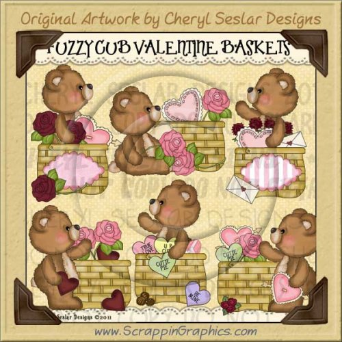 Fuzzy Cub Valentine Baskets Limited Pro Clip Art Graphics