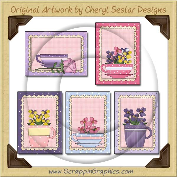 Pretty Teacups Cards Sampler Card Printable Craft Download - Click Image to Close