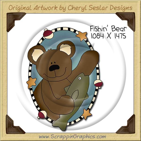 Fishin' Bear Oval Single Clip Art Graphic Download - Click Image to Close