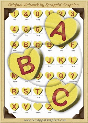 3D Yellow Conversation Hearts Letters & Numbers Clip Art Graphics